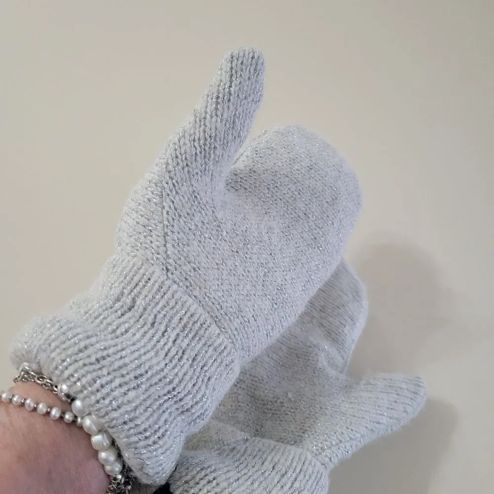 Handcrafted Silver Gray Sparkly Knit Fleece Lined Mittens